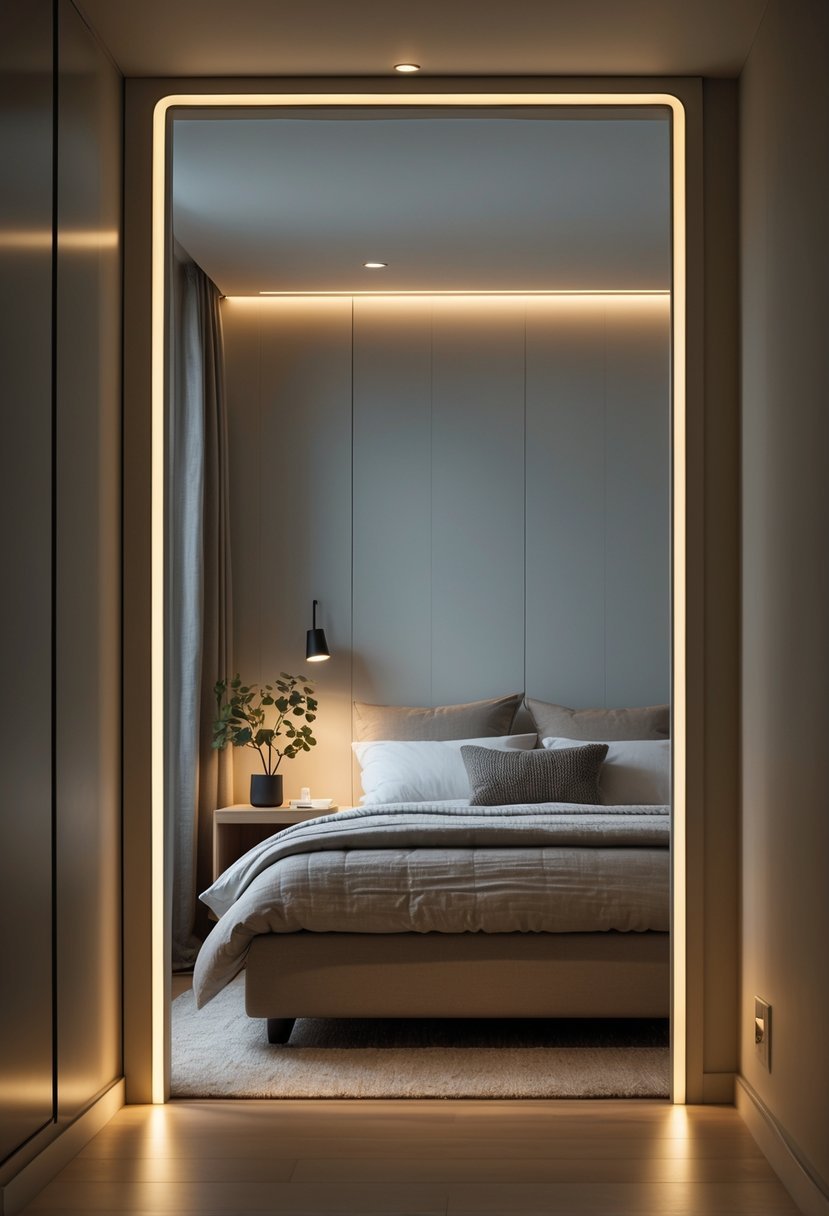 A bedroom softly lit by motion-sensor night lights along the floor and inside the closet, showing a bed and bedside table.