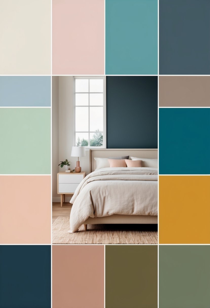A bedroom divided into ten sections, each with a different colored wall and simple furniture including a bed and nightstand.