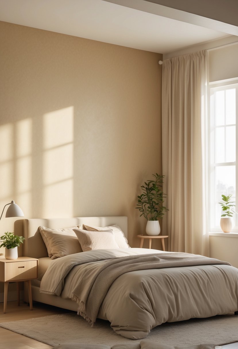 A bedroom with a soft beige wall, a bed with neutral bedding, a wooden nightstand with a plant and lamp, and natural light coming through a window.
