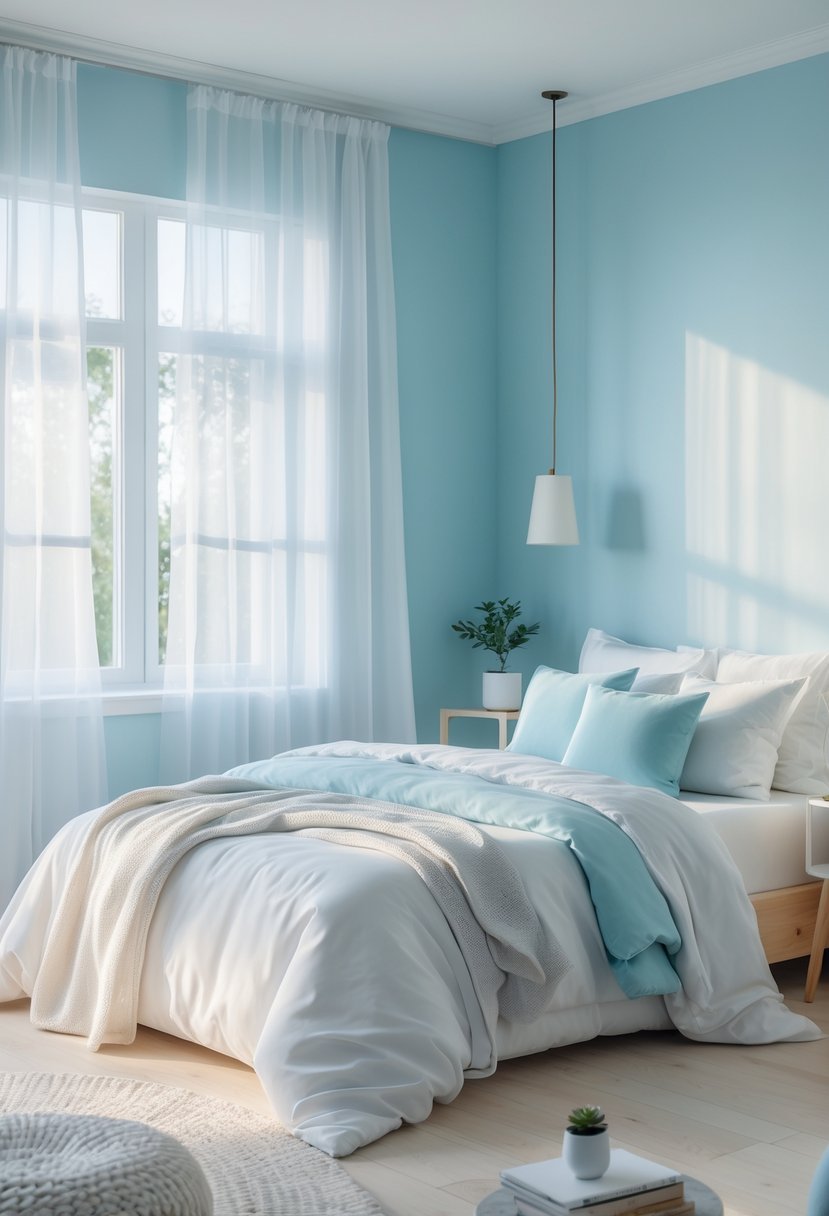 A bedroom with pale blue walls, a neatly made bed, natural light from a window, and simple decor creating a calm atmosphere.