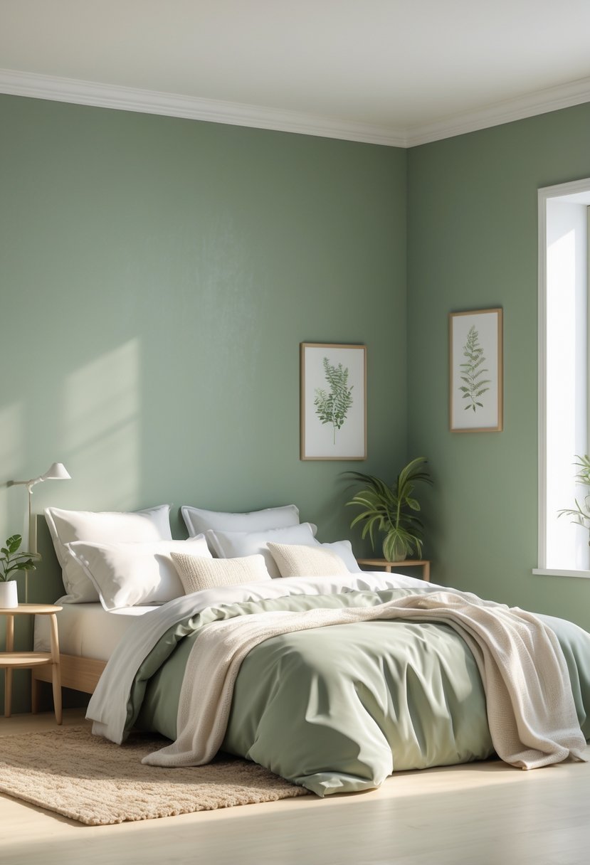A bedroom with sage green walls, a neatly made bed, wooden furniture, and natural light coming through a window.