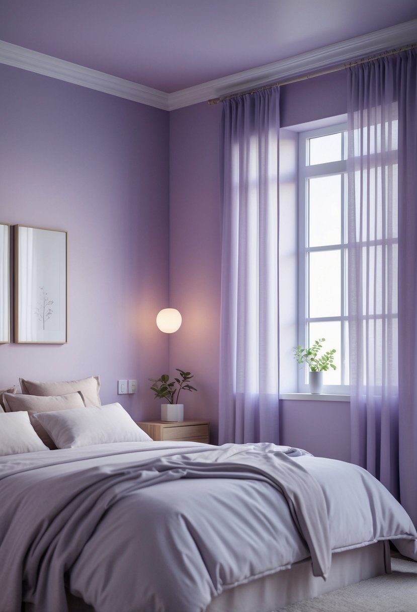 A bedroom with muted lavender walls, a neatly made bed, nightstands, and soft natural light coming through sheer curtains.