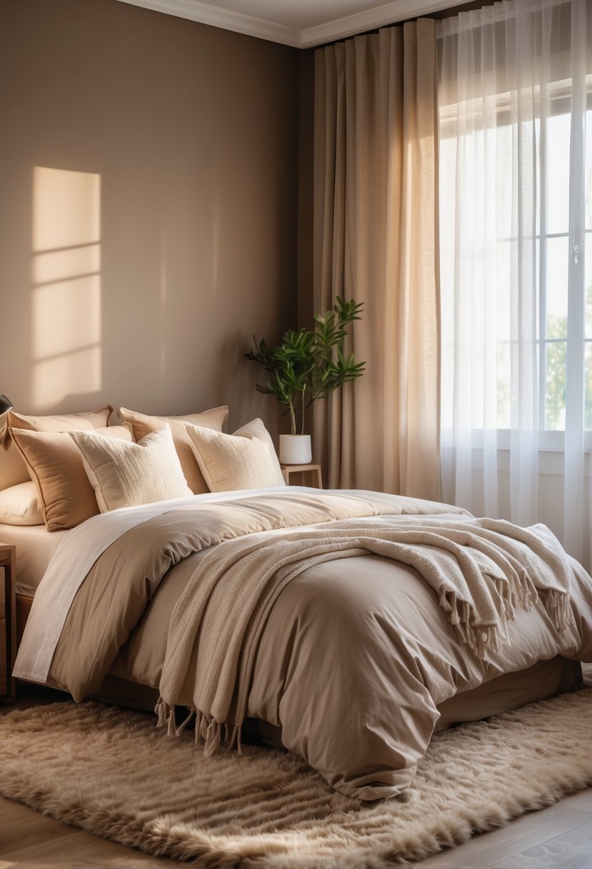 A bedroom with warm taupe walls, a neatly made bed, a nightstand with a plant and lamp, and soft natural light coming through sheer curtains.