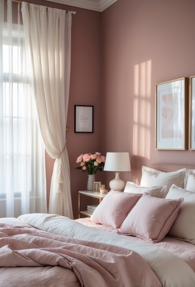 A bedroom with dusty rose colored walls, a neatly made bed, soft natural light, and simple decorative elements.