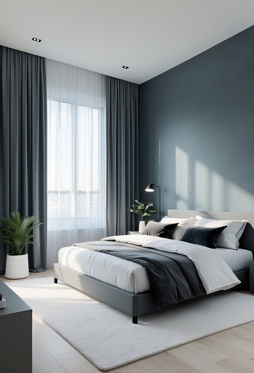 A bedroom with slate gray walls, a bed with white and dark bedding, a nightstand with a lamp and plant, and natural light coming through a window.