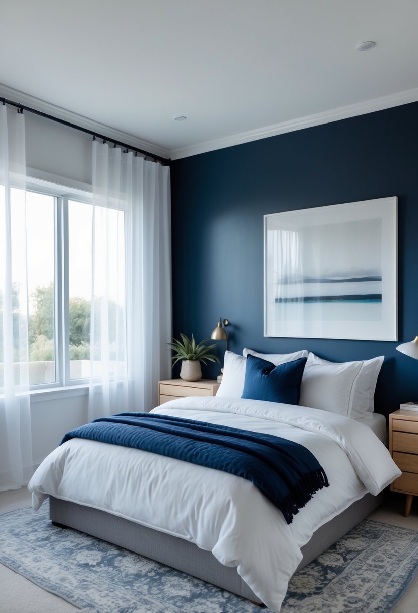 A bedroom with a navy blue accent wall behind the bed, white bedding, natural light, and simple decor.