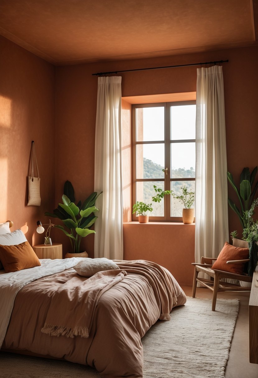 A bedroom with terracotta-colored walls, a bed with neutral linens, wooden furniture, and green plants.