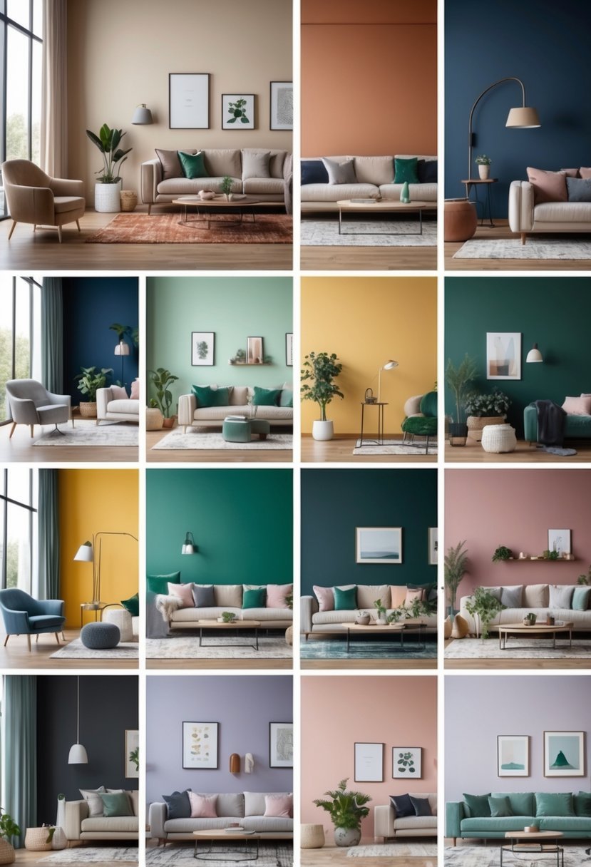 A living room divided into ten areas, each with a different wall color and matching furniture.