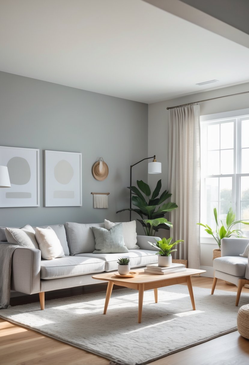 A bright living room with light gray walls, a gray sofa, wooden coffee table, plants, and natural light coming through large windows.