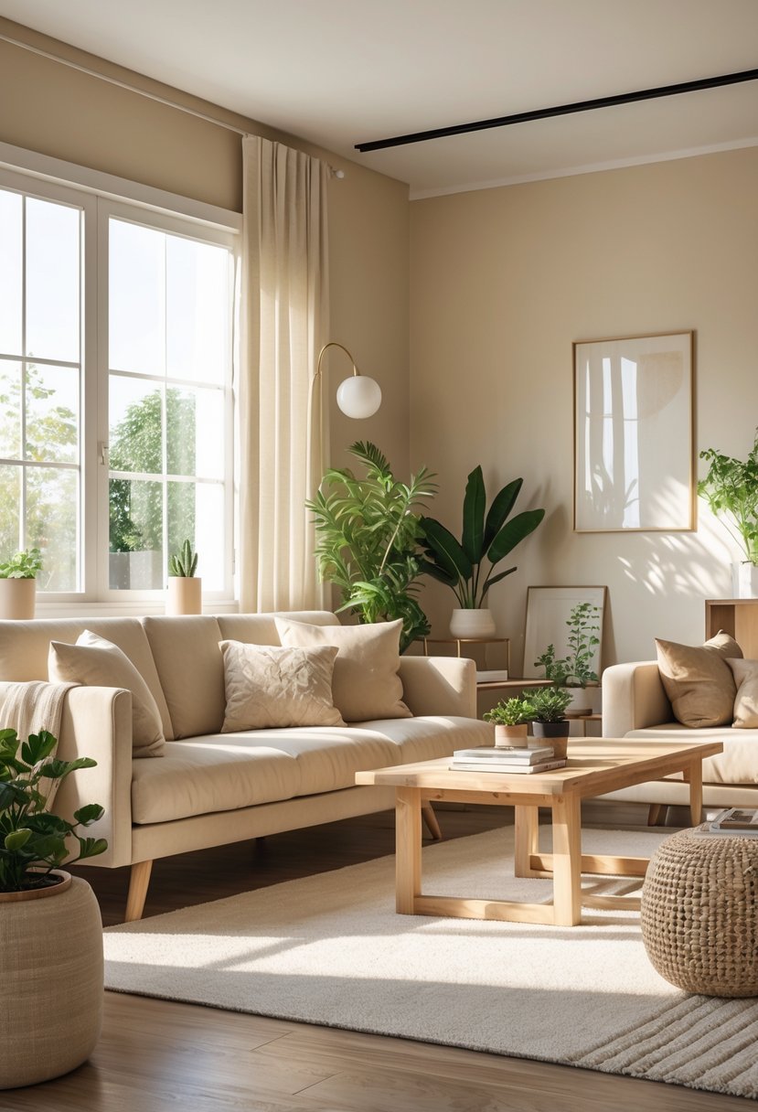Living room with beige walls, a beige sofa, wooden coffee table, plants, and natural light coming through large windows.