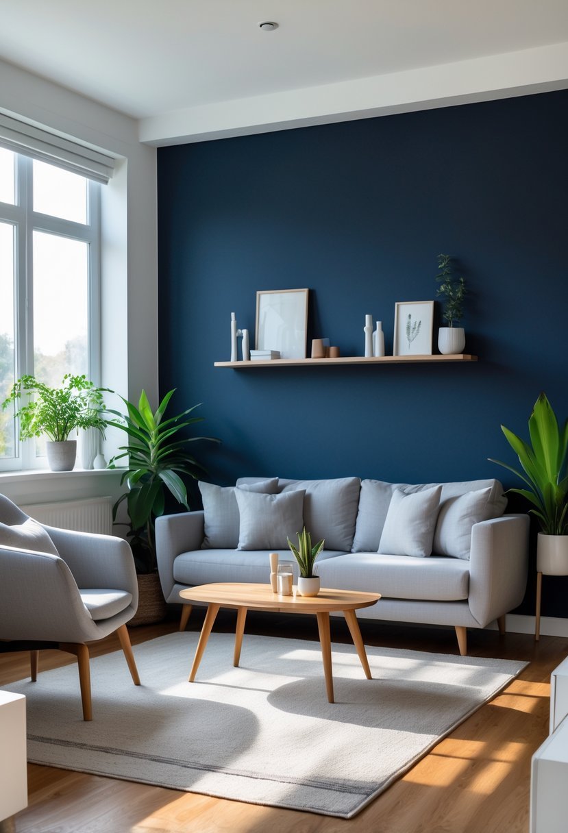 Living room with a navy blue accent wall, a gray sofa, wooden coffee table, indoor plants, and natural light from large windows.
