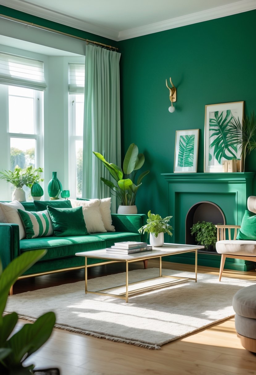 Living room with emerald green walls, comfortable sofa, coffee table, plants, and natural light coming through large windows.
