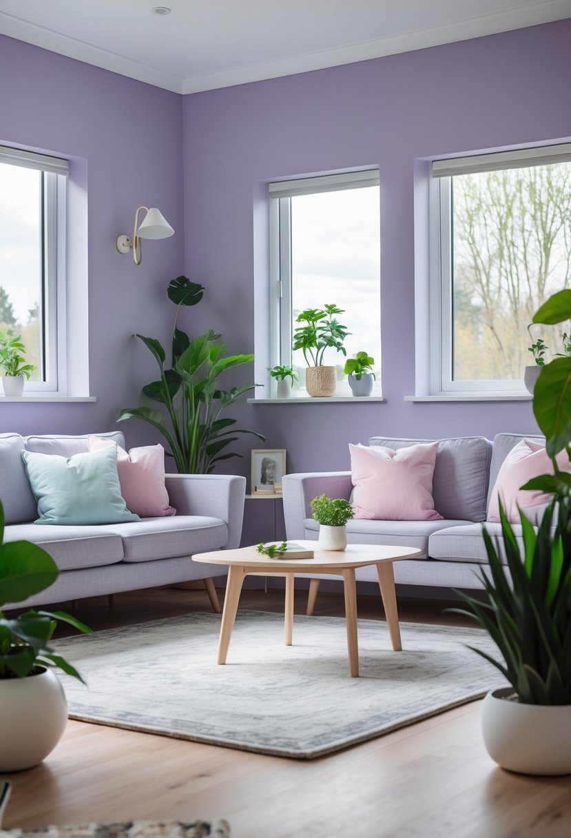 A living room with soft lavender walls, a light gray sofa, wooden coffee table, and green indoor plants.
