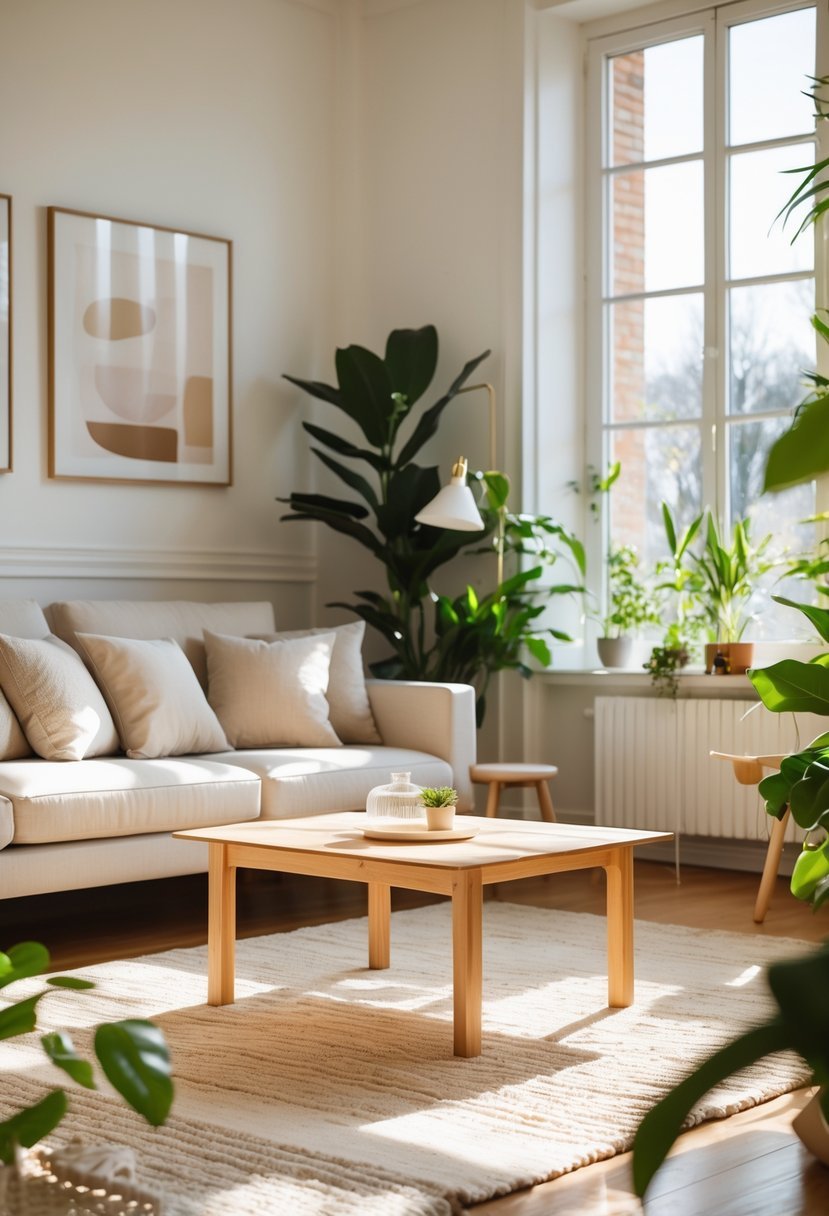 A living room with white walls and warm lighting, featuring a beige sofa, wooden coffee table, green plants, and soft natural light coming through large windows.