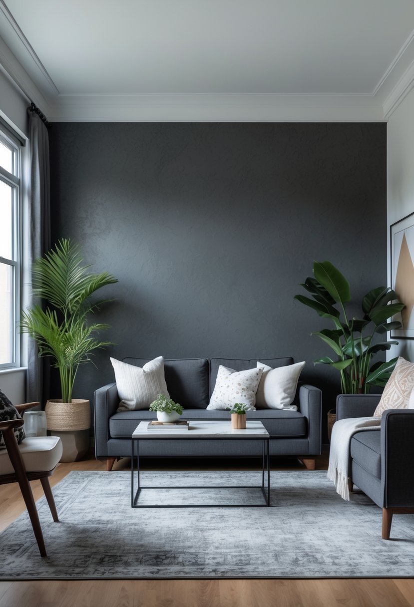 A modern living room with bold charcoal gray walls, a sofa, coffee table, plants, and natural light coming through large windows.