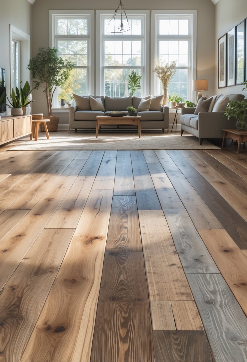 A spacious living room with various styles of wooden flooring, a sofa, coffee table, plants, and large windows letting in natural light.