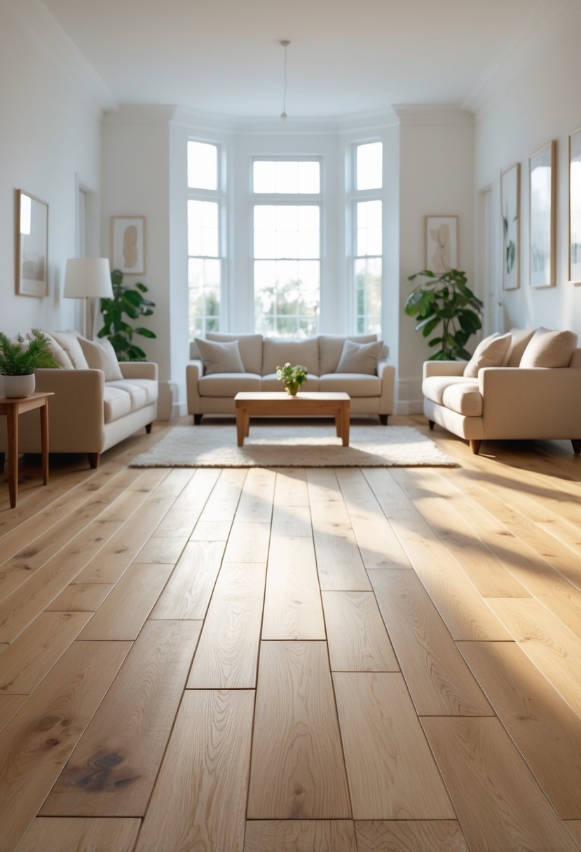 A bright living room with classic oak wooden flooring, a beige sofa, a wooden coffee table, and plants near large windows.