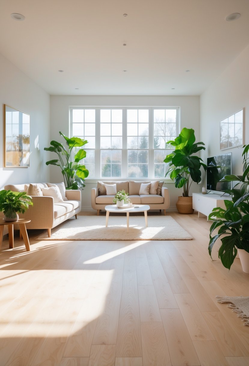 A bright living room with light maple wood flooring, a beige sofa, white coffee table, green plants, and large windows letting in natural light.