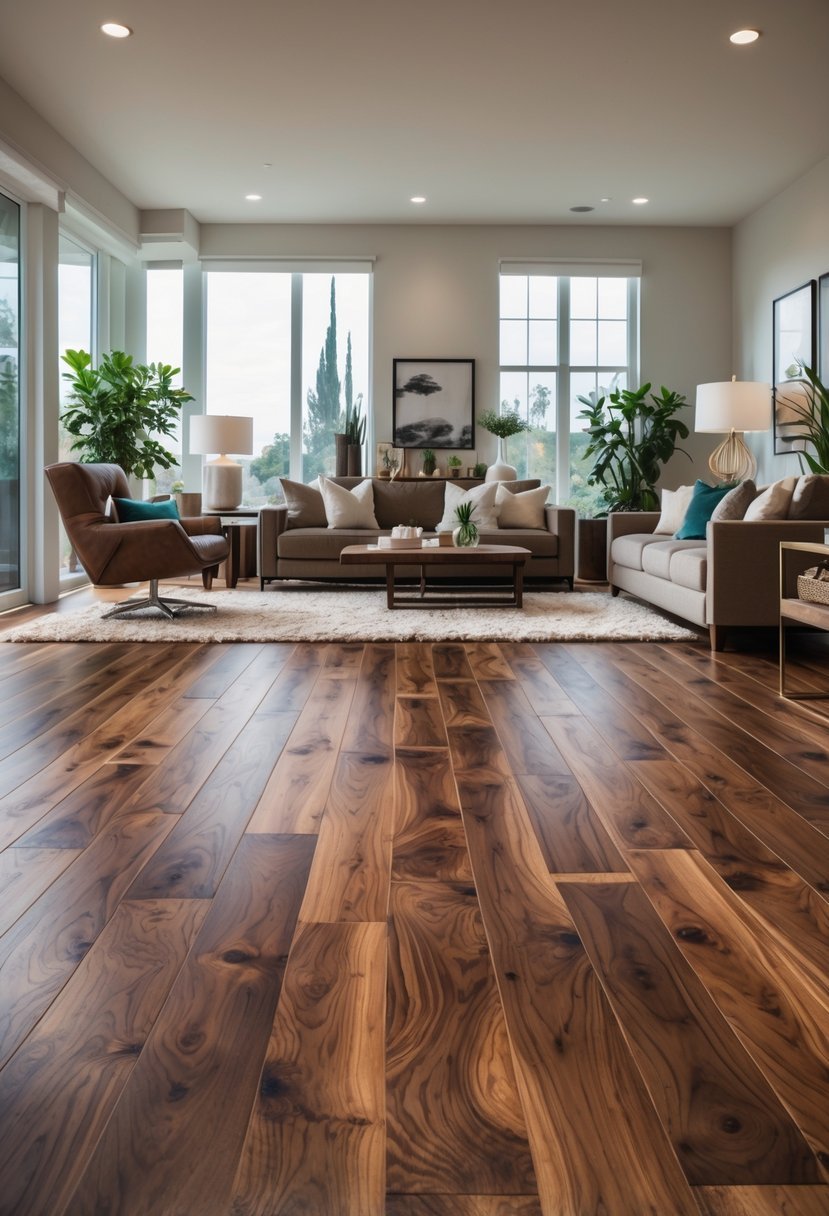 A spacious living room with rich walnut wooden flooring, a sofa, coffee table, plants, and large windows letting in natural light.