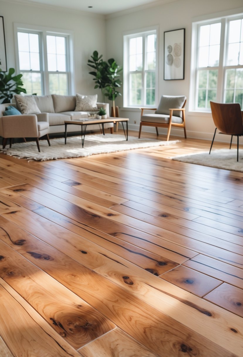 Living room with natural light, comfortable seating, and a distinctive hickory wood floor with varied tones and grain.