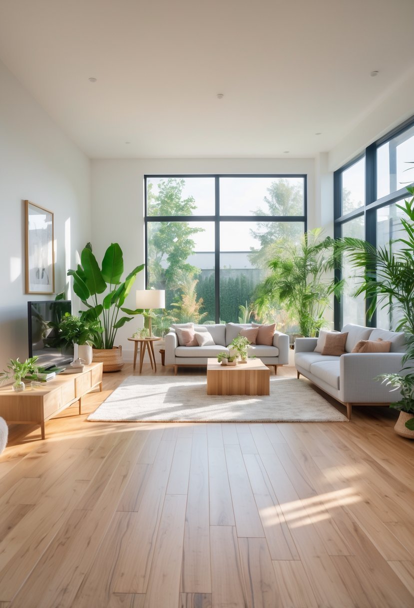 A modern living room with bamboo wooden flooring, a sofa, coffee table, plants, and large windows letting in natural light.