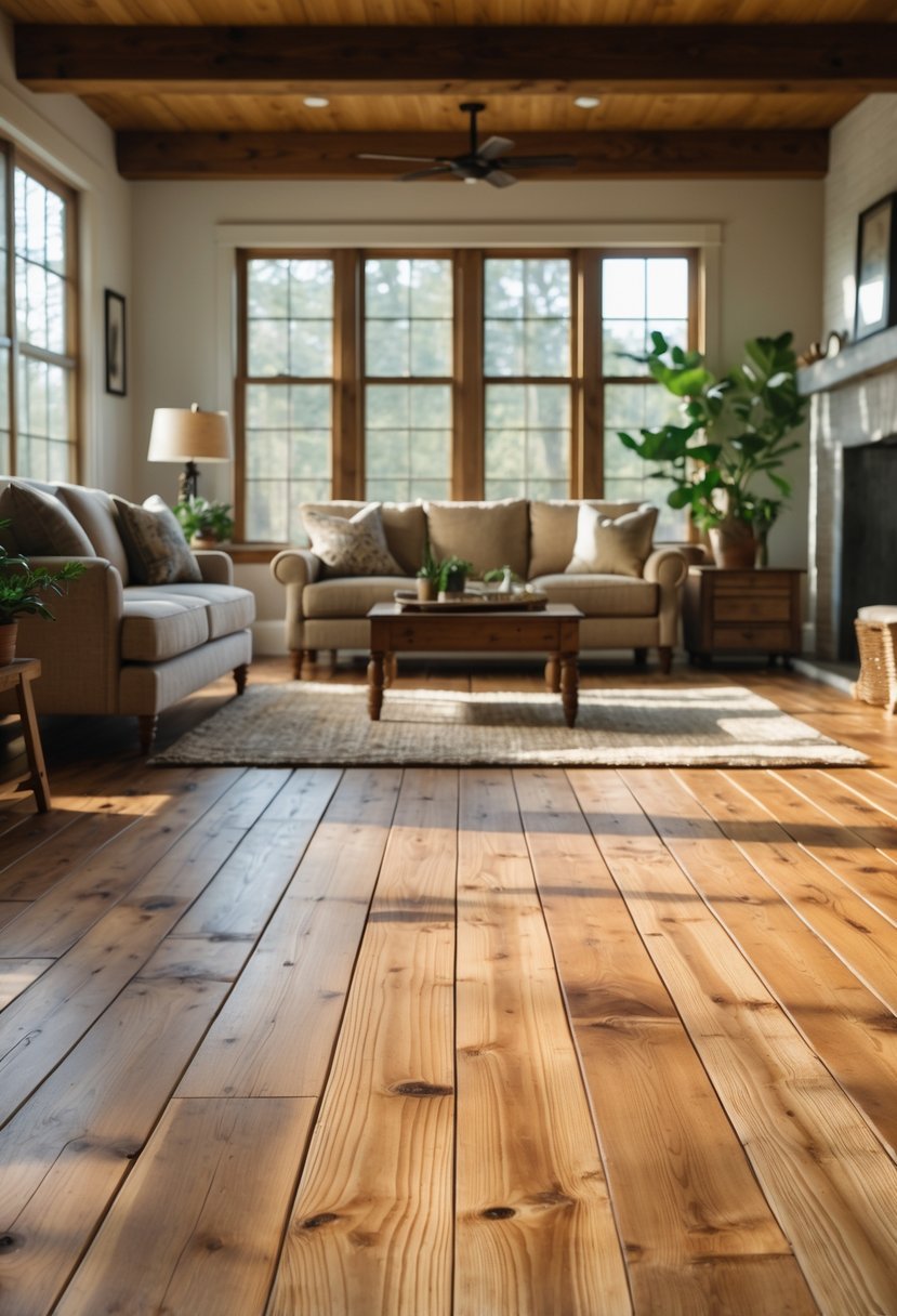A spacious living room with wide plank pine wooden floors, a sofa, coffee table, and natural light coming through large windows.