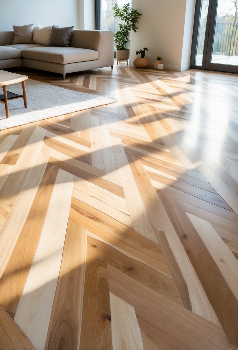 A bright living room with a chevron patterned wooden floor in natural tones and modern furniture.