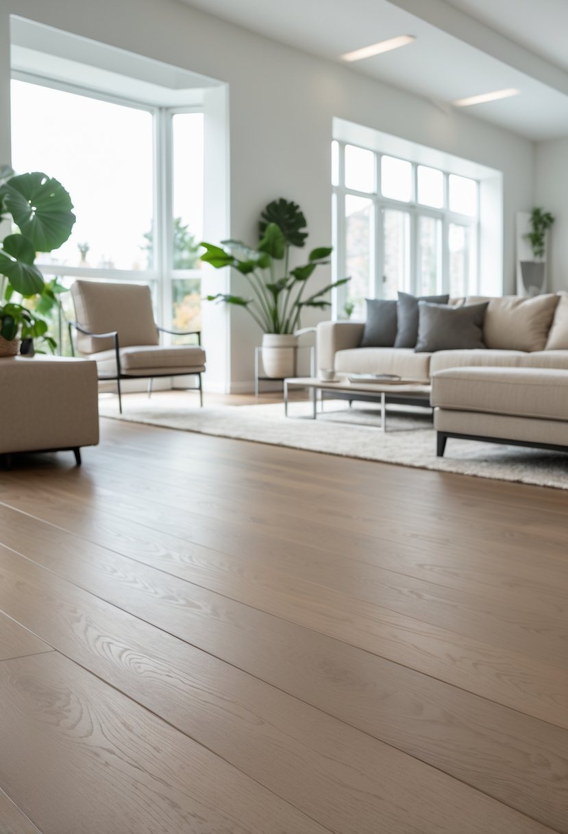 A bright living room with matte finish wooden floors, a sofa, coffee table, plants, and large windows letting in natural light.