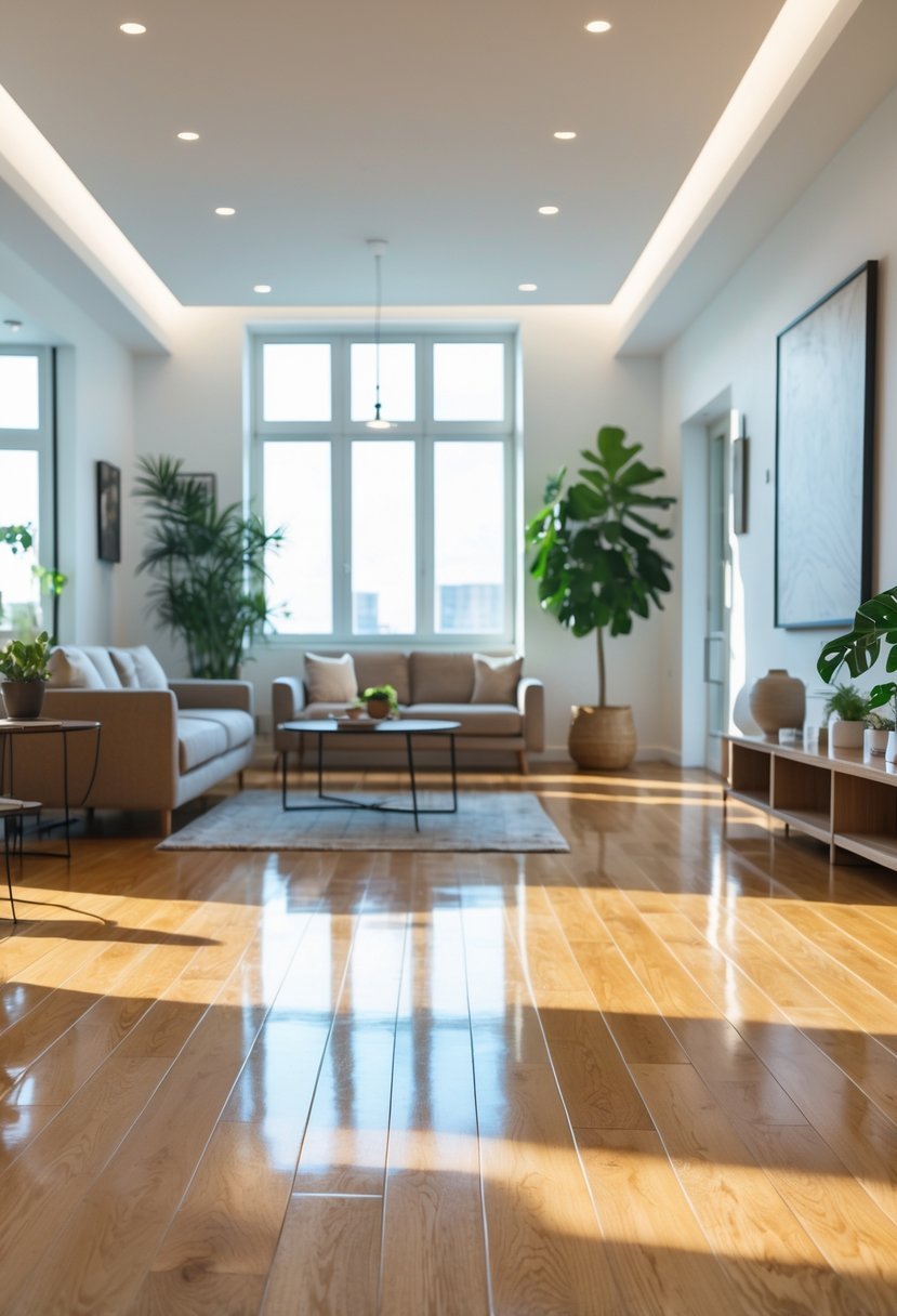 A bright living room with large windows, a sofa, coffee table, plants, and shiny oak wooden flooring.