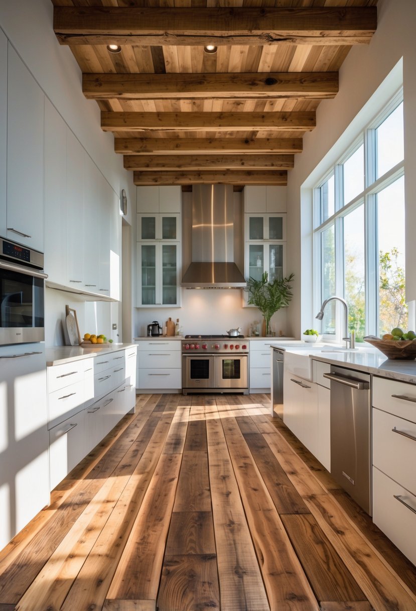 A bright kitchen with wooden floor made of reclaimed barnwood planks, featuring cabinets and appliances.