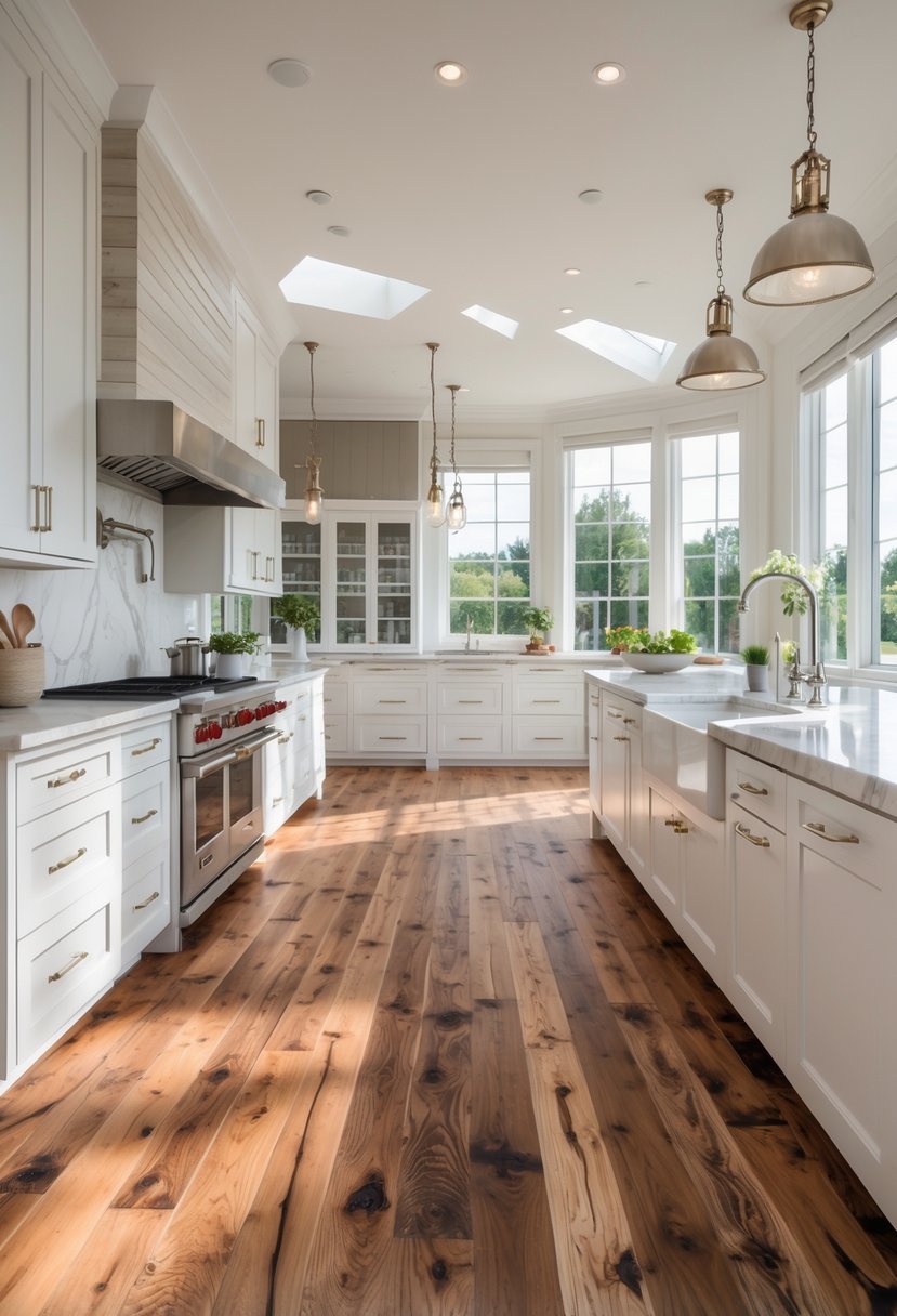 A modern kitchen with distressed walnut wooden floors, white cabinets, a large island, and stainless steel appliances.