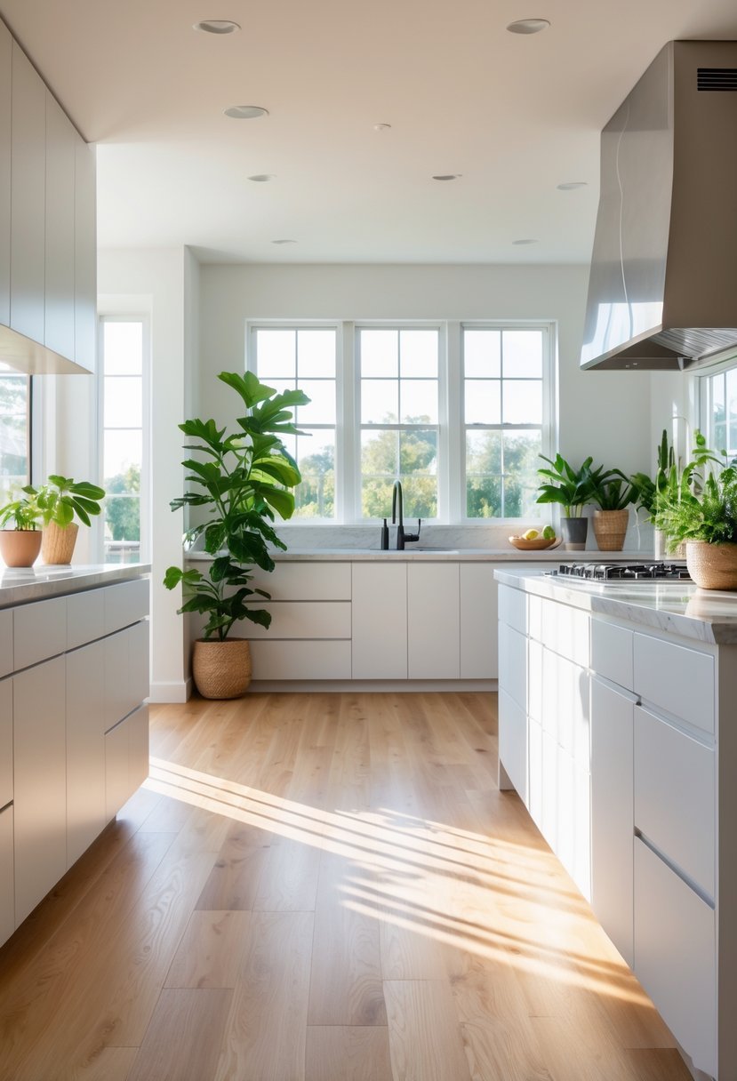 A bright modern kitchen with a maple hardwood floor and white cabinets illuminated by natural light.