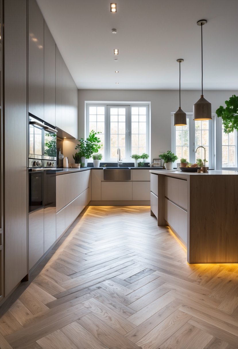 A modern kitchen with a white oak wooden floor arranged in a herringbone pattern, featuring a kitchen island, cabinets, and natural light.