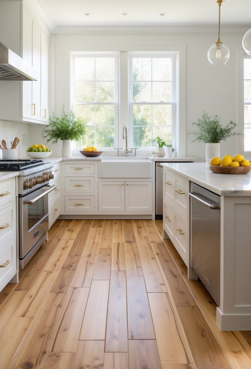 A bright kitchen with bamboo wooden flooring, white cabinets, a kitchen island, and natural light coming through large windows.