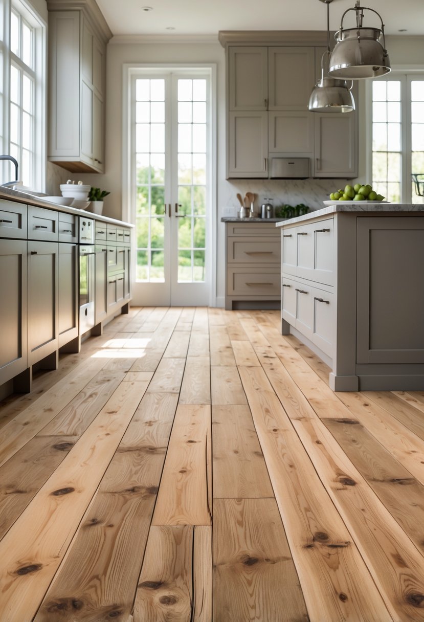 A modern kitchen with warm rustic pine wooden floorboards, sleek cabinets, and a large island under natural light.