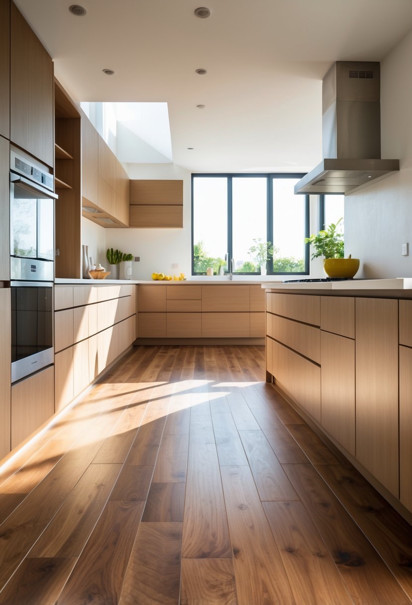 A bright modern kitchen with a warm walnut wooden floor and natural sunlight coming through large windows.