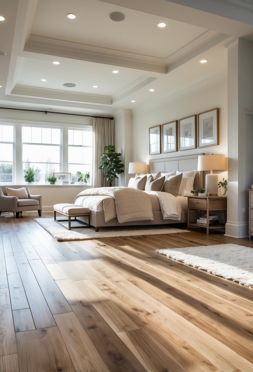 A spacious bedroom with a large bed, wooden floor, armchair, and natural light coming through windows.