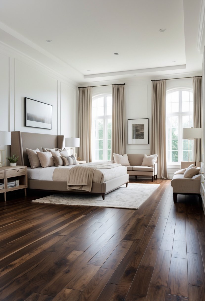 A spacious bedroom with large windows and dark wooden flooring, furnished with a bed and nightstand.