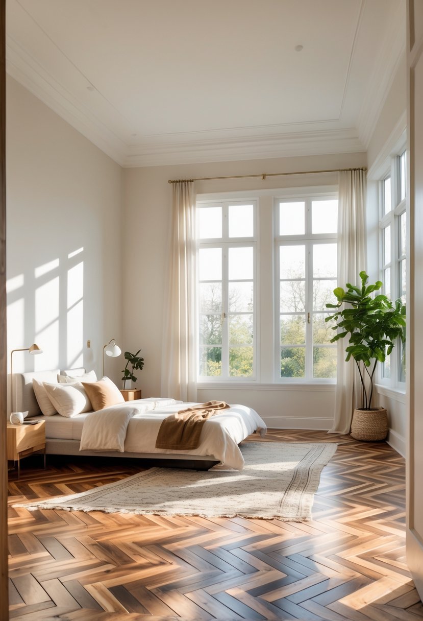 A bright bedroom with chevron patterned wooden floors, a bed, bedside table, lamp, and a small plant.