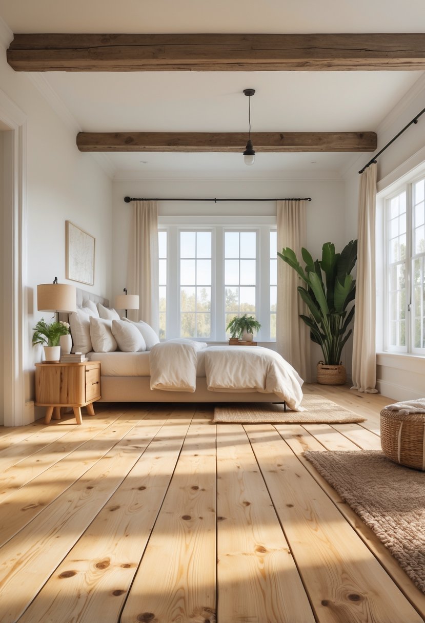 A bright bedroom with wide plank wooden flooring, a bed, nightstand, and plants.