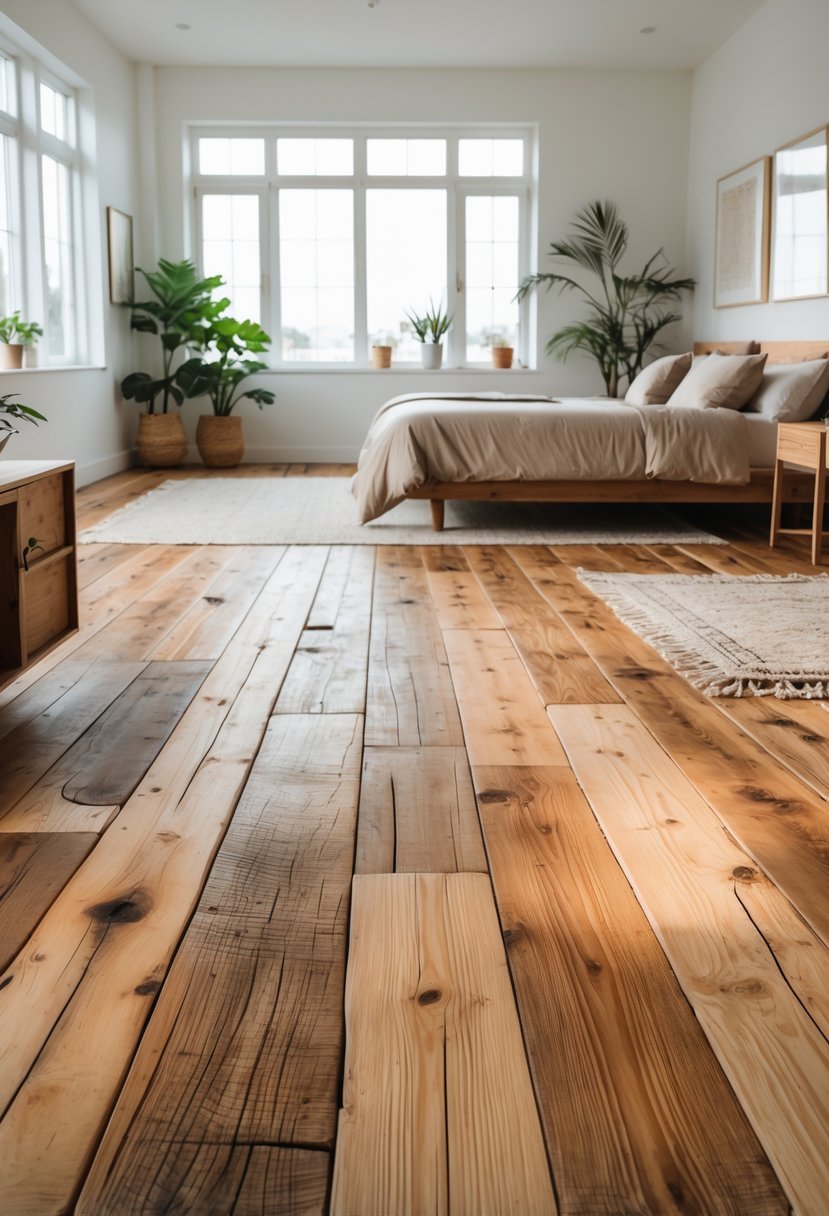 A bright bedroom with a large bed, wooden floors, natural light, and simple furniture.