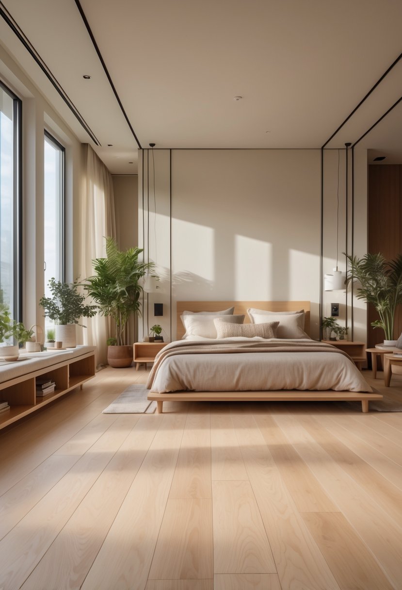 A bright bedroom with a bed, wooden furniture, and a matte finish maple wooden floor illuminated by natural light.