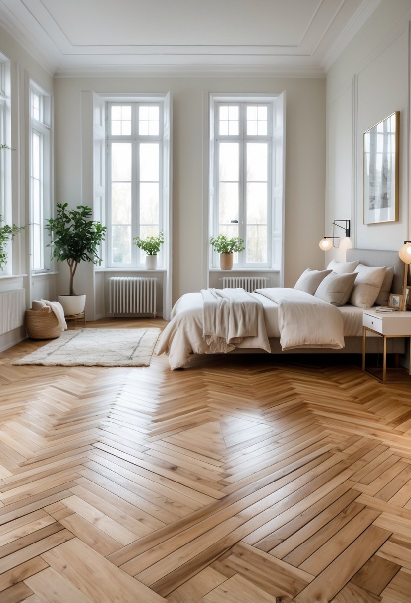 A bright bedroom with a wooden herringbone patterned floor, a bed, bedside tables, and natural light coming through large windows.