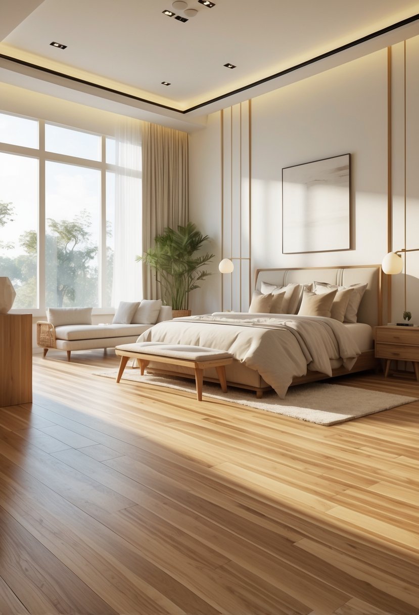 A bright bedroom with engineered bamboo flooring, a bed, and natural light coming through large windows.