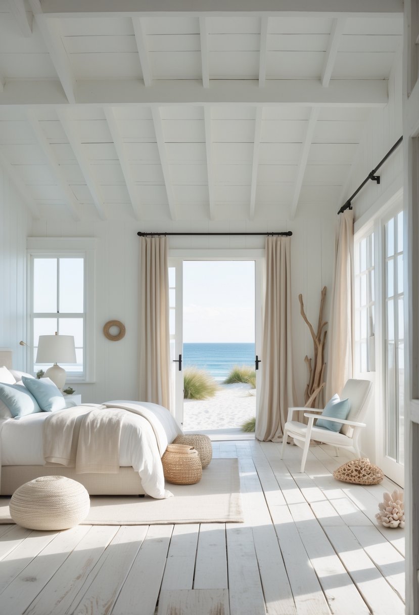 A bright bedroom with whitewashed wooden floors, a bed with light linens, and coastal decor elements like seashells and driftwood.