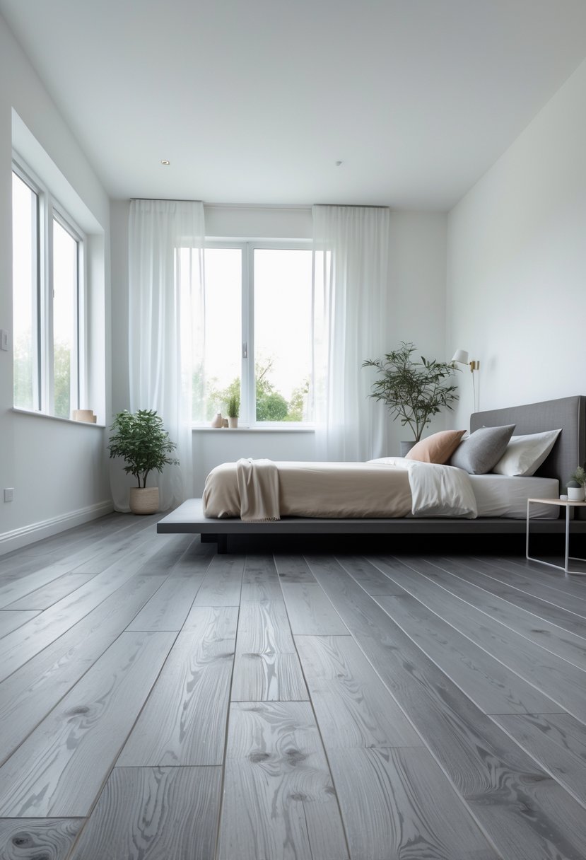 A bright bedroom with grey wooden floors, a bed, bedside table, and a potted plant near large windows.