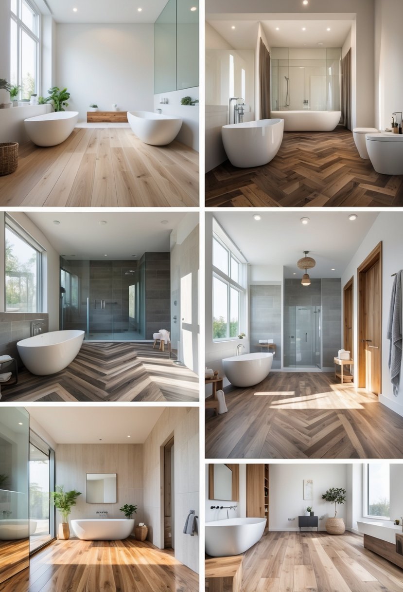 A collection of bathrooms each featuring different wooden floor designs with modern fixtures and natural lighting.