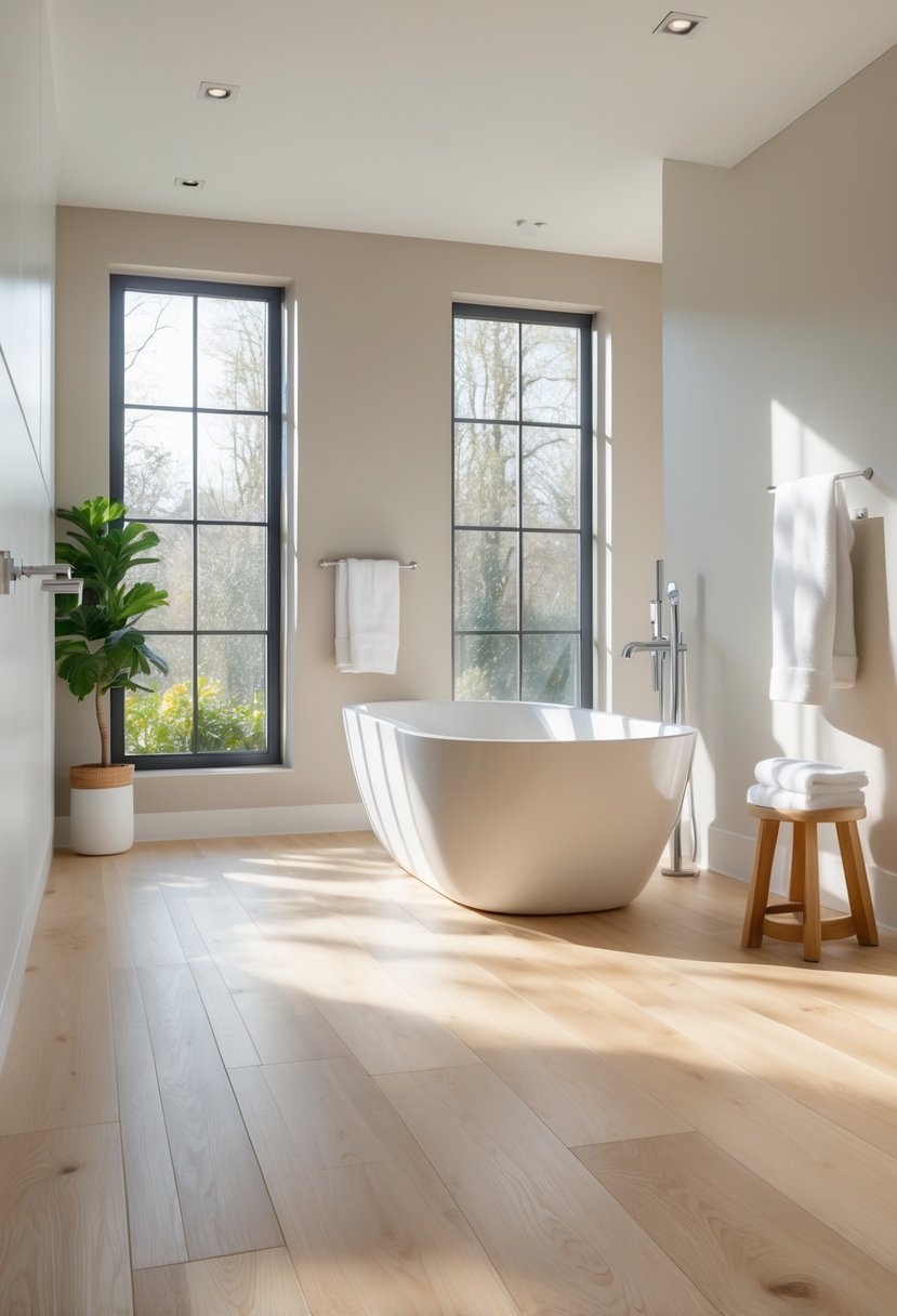 A bright bathroom with light blonde oak wooden floors, a white bathtub, large windows, and a small green plant.