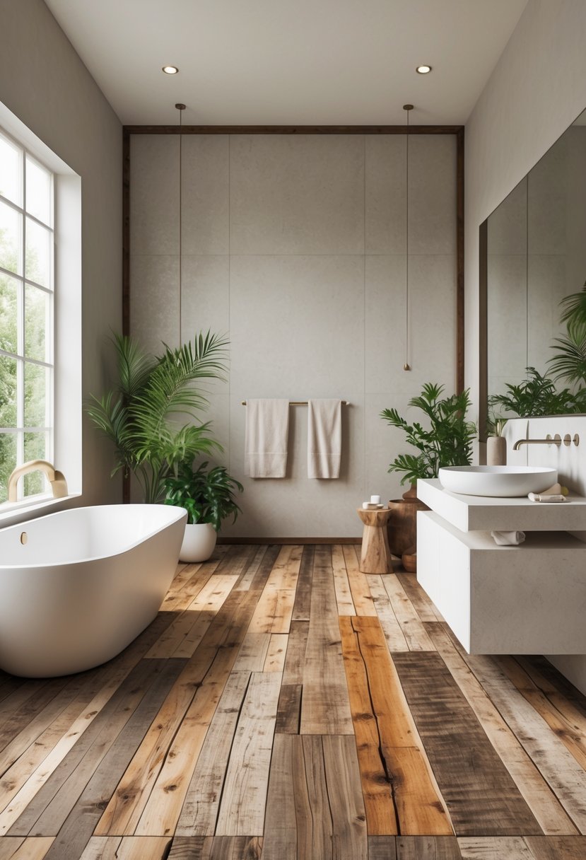 A bathroom with a white bathtub, wooden plank floor, a vanity with a sink, and natural light coming through a window.