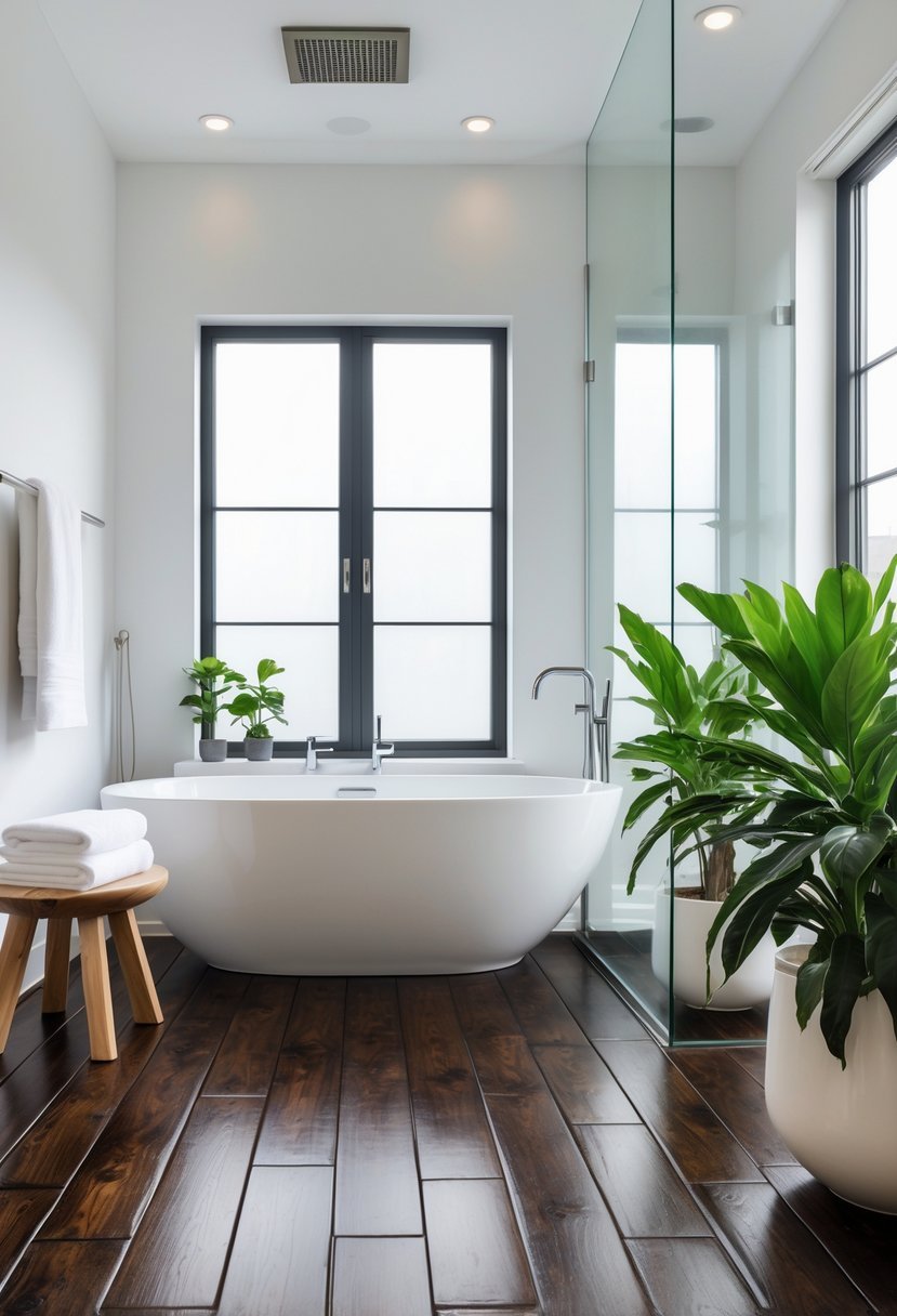 Modern bathroom with a freestanding bathtub and dark wooden floor illuminated by natural light.